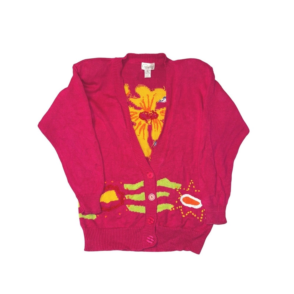 Vtg‎ Pappagallo Sport Pink Floral Cardigan Sweater Womens Large Tropical Ramie